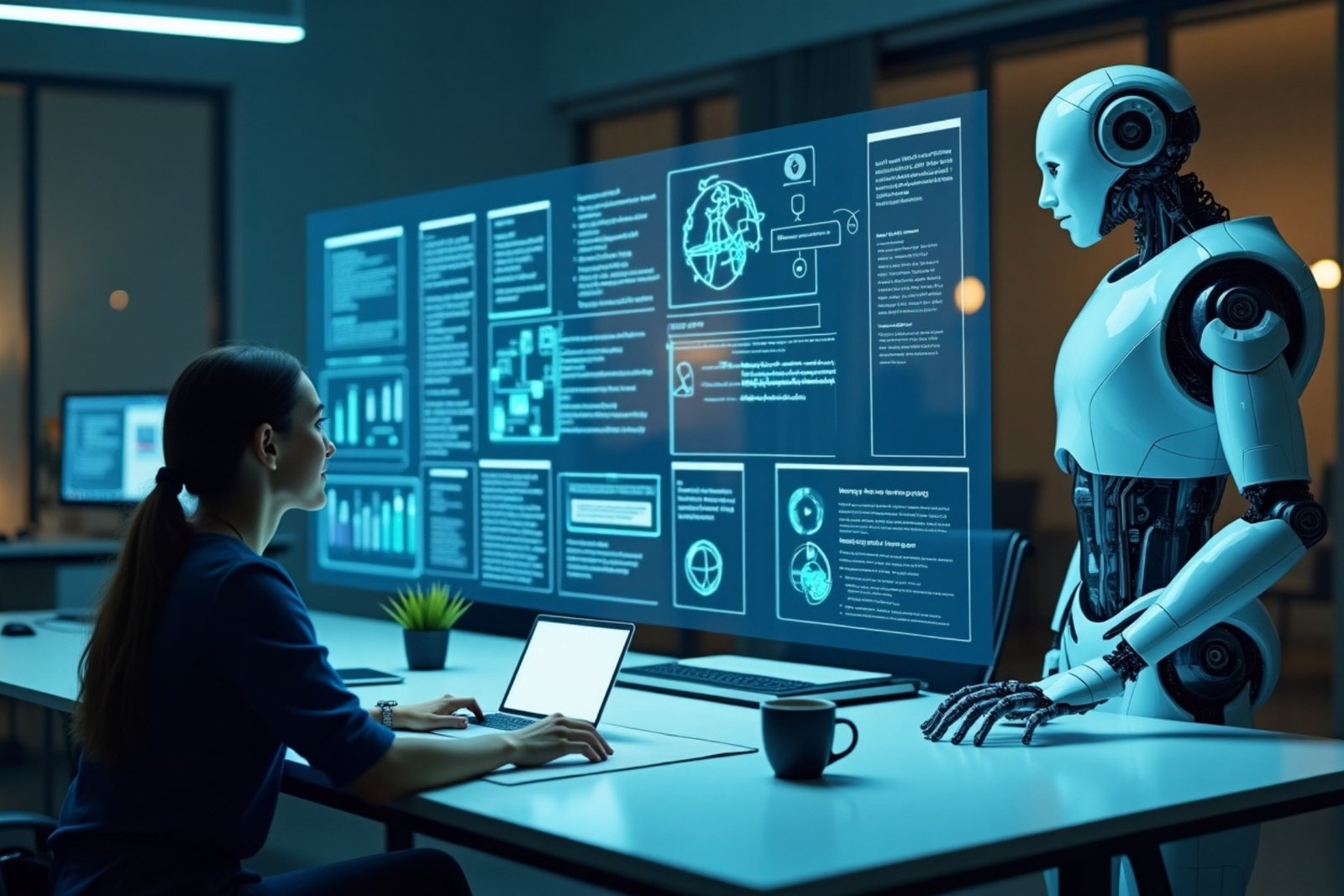 Futuristic AI robot assisting a writer with holographic text and ideas in a high-tech office. 