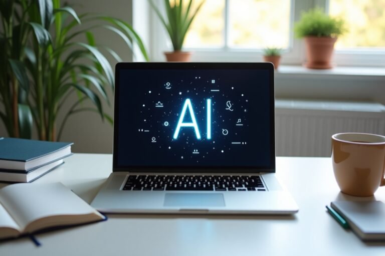 Modern workspace showing a laptop with AI writing software on the screen, surrounded by notebooks and coffee.